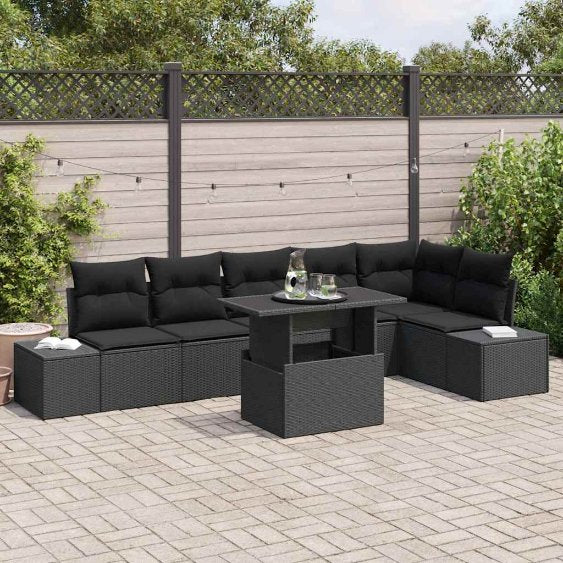 Gartensofa-set mit Kissen 7 pcs Schwarz Poly-Rattan