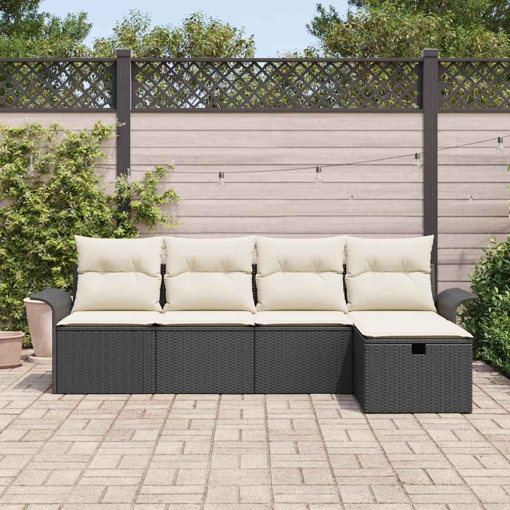 vidaXL Garten-Sofa-Set mit Kissen 5 pcs Schwarz und Creme Poly-Rattan