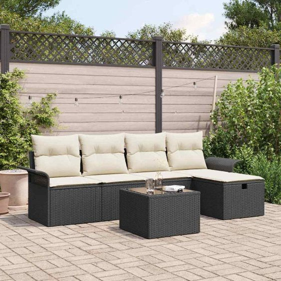 vidaXL Garten-Sofa-Set mit Kissen 5 pcs Schwarz und Creme Poly-Rattan