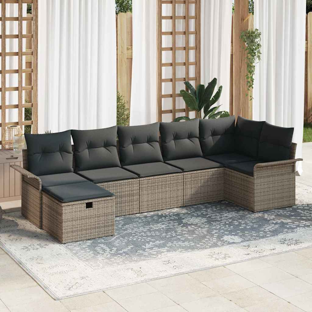 Gartensofa-set mit Kissen 7 pcs Schwarz und Creme Poly-Rattan