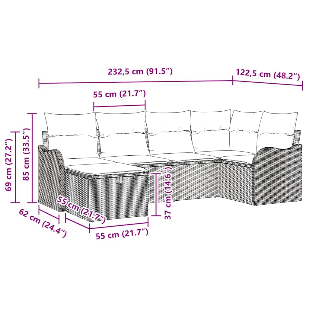 vidaXL Garten-Sofa-Set mit Kissen 6 pcs Schwarz und Creme Poly Rattan