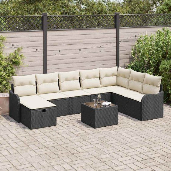 Sofa Set mit Kissen 8 pcs Schwarz und Creme Poly-Rattan