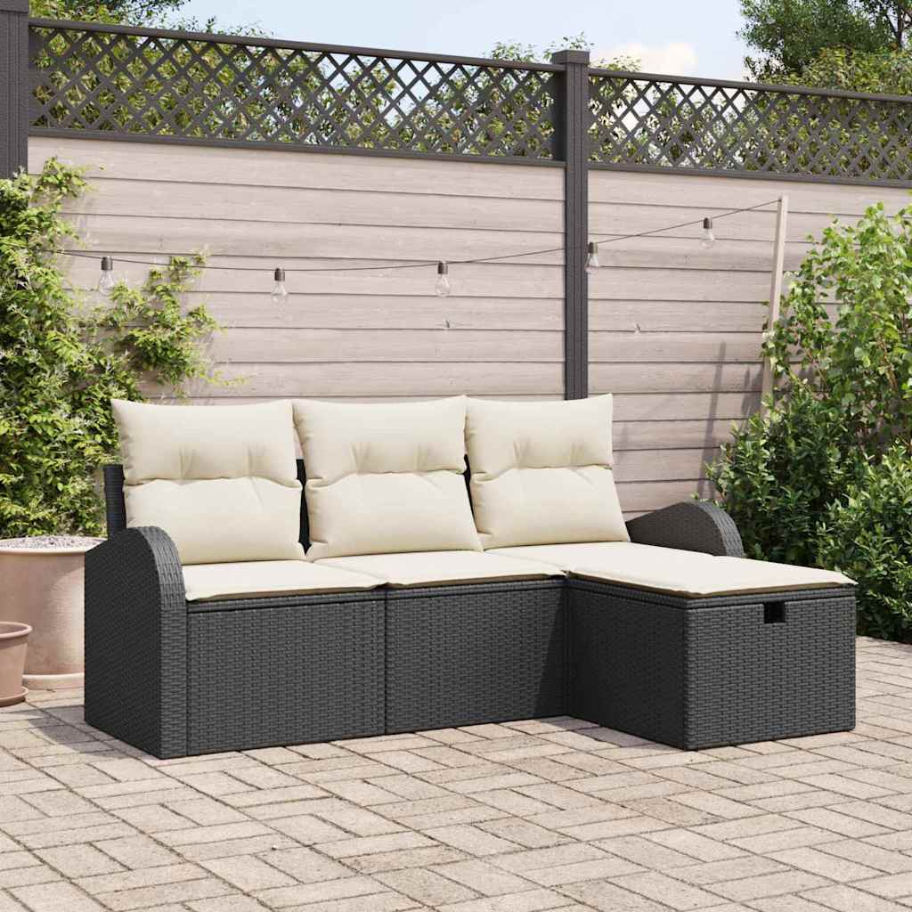 vidaXL Sofa Set mit Kissen 4 pcs Schwarz und Creme Poly-Rattan