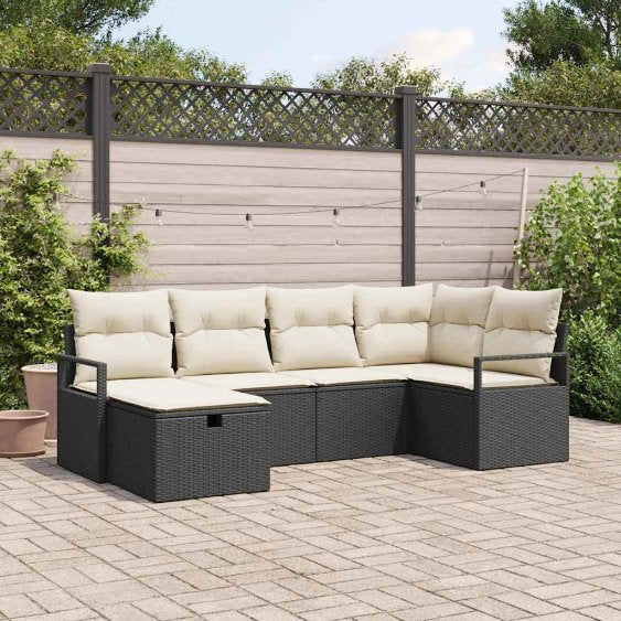 Sofa Set mit Kissen mit Speicher Schwarz und Creme Poly-Rattan