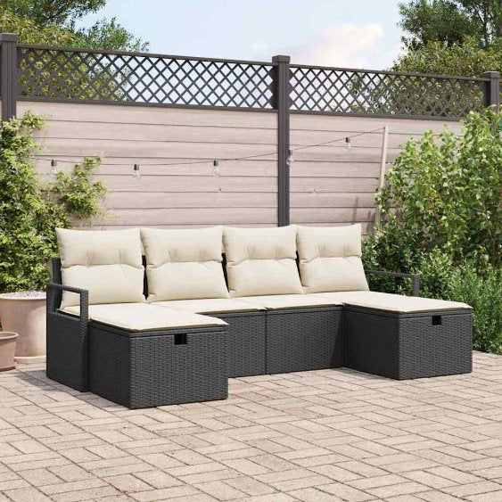 Sofa Set mit Kissen 6 pcs Schwarz und Creme Poly-Rattan