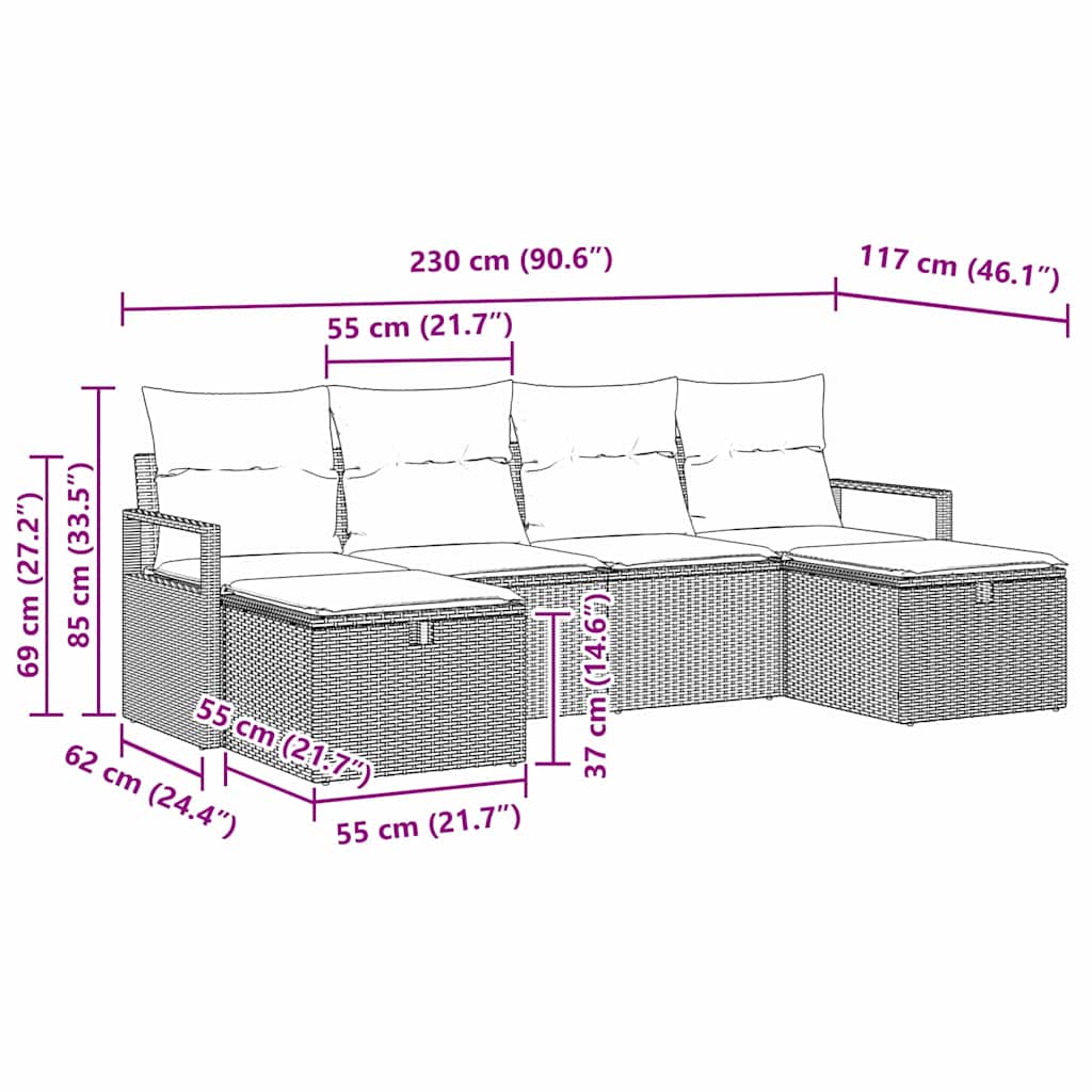 Sofa Set mit Kissen 6 pcs Schwarz und Creme Poly-Rattan