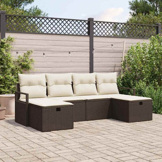 Sofa Set mit Kissen 6 pcs Schwarz und Creme Poly-Rattan