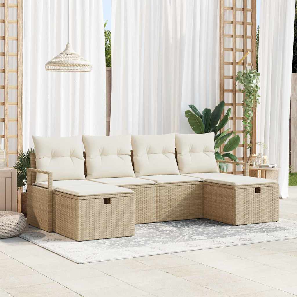 Sofa Set mit Kissen 6 pcs Schwarz und Creme Poly-Rattan