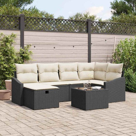 Sofa Set mit Kissen 6 pcs Schwarz und Creme Poly-Rattan