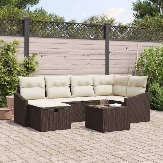 Sofa Set mit Kissen 6 pcs Schwarz und Creme Poly-Rattan