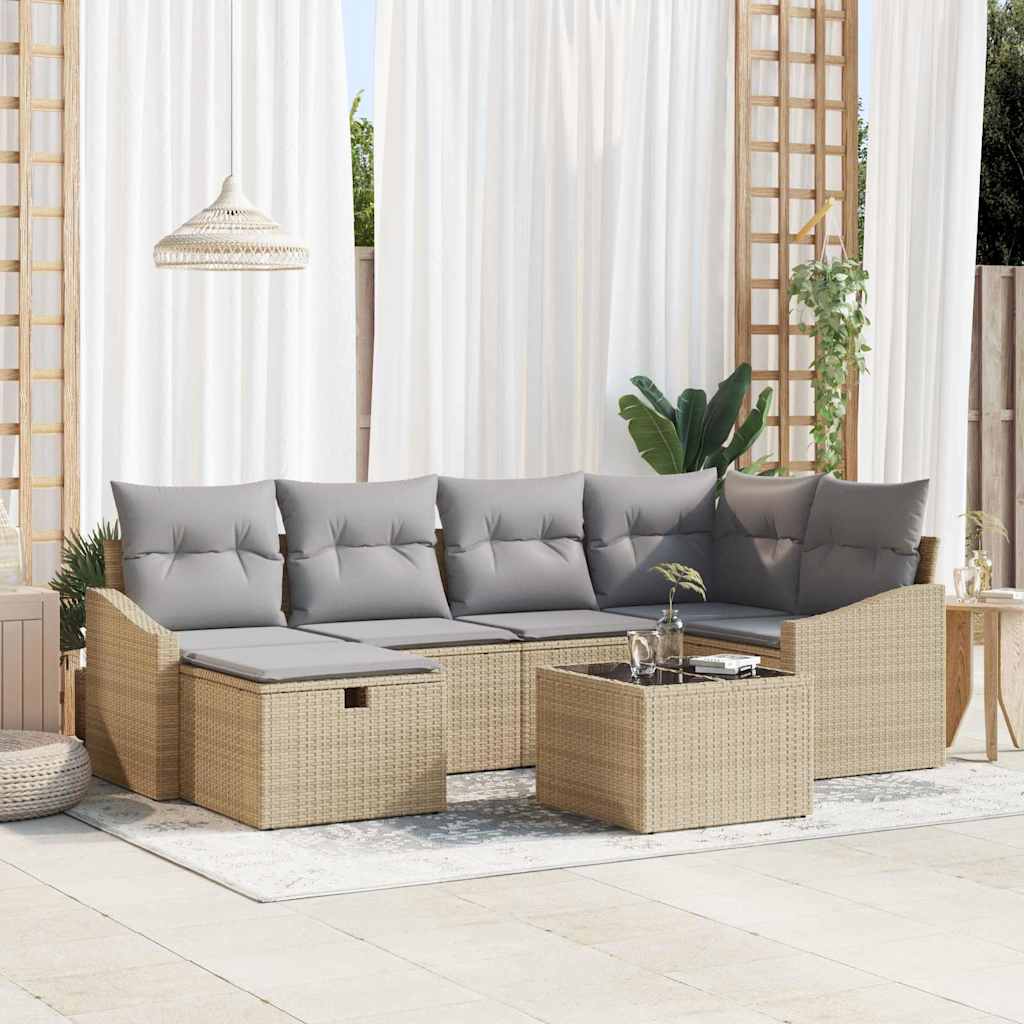 Sofa Set mit Kissen 6 pcs Schwarz und Creme Poly-Rattan