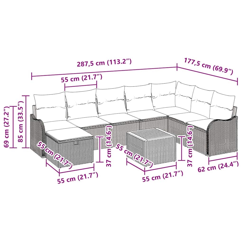 Garten-Sofa-Set mit Kissen 9 pcs Schwarz Poly Rattan