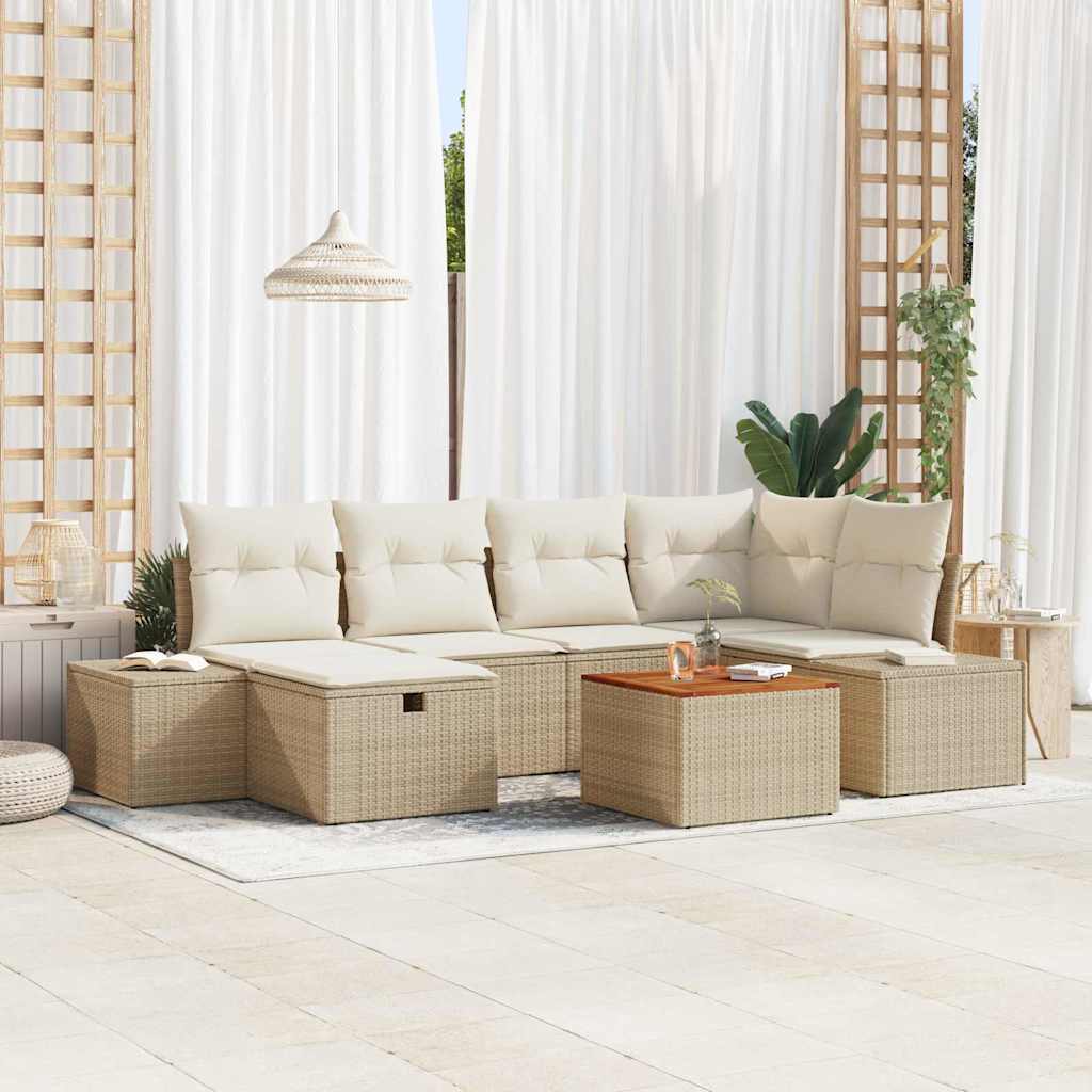 Garten-Sofa-Set mit Kissen 7 pcs Schwarz Poly Rattan