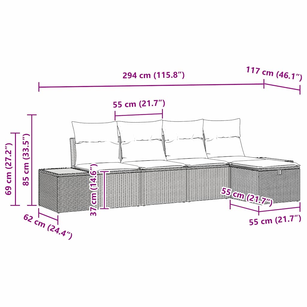 Gartensofa-set mit Kissen 5 pcs Schwarz Poly-Rattan