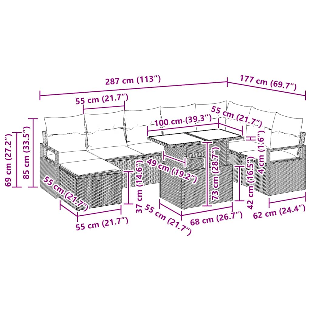 Garten-Sofa-Set mit Kissen 9 pcs Schwarz Poly Rattan