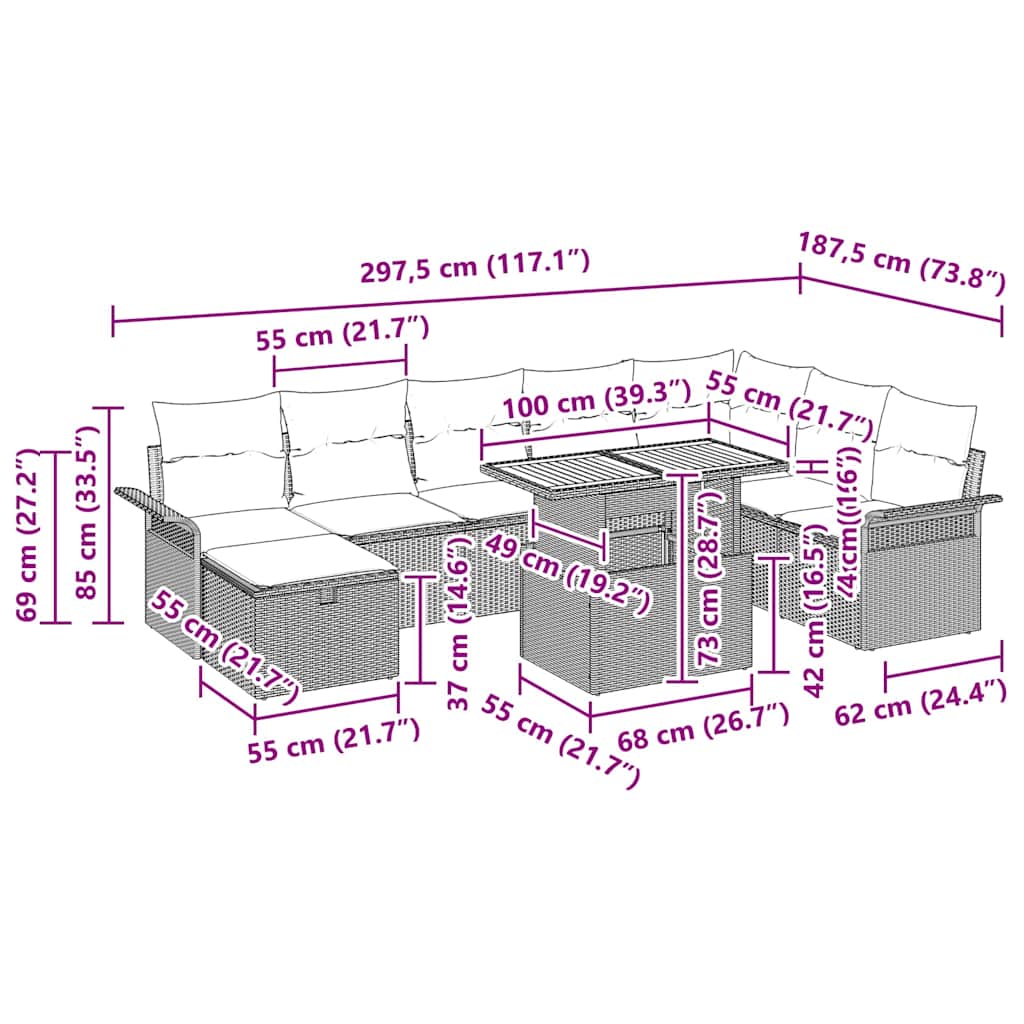 Garten-Sofa-Set mit Kissen 9 pcs Schwarz Poly Rattan