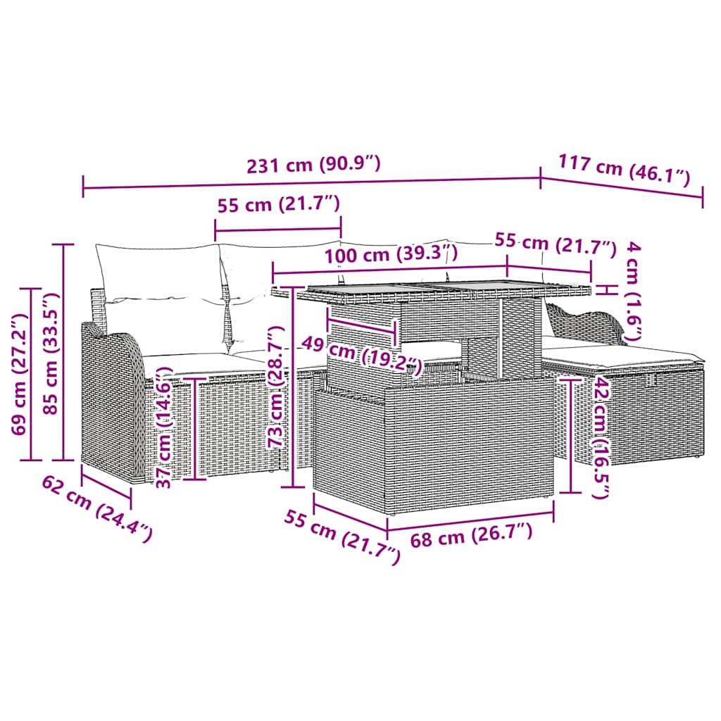 Garten-Sofa-Set mit Kissen 6 pcs Schwarz Poly Rattan