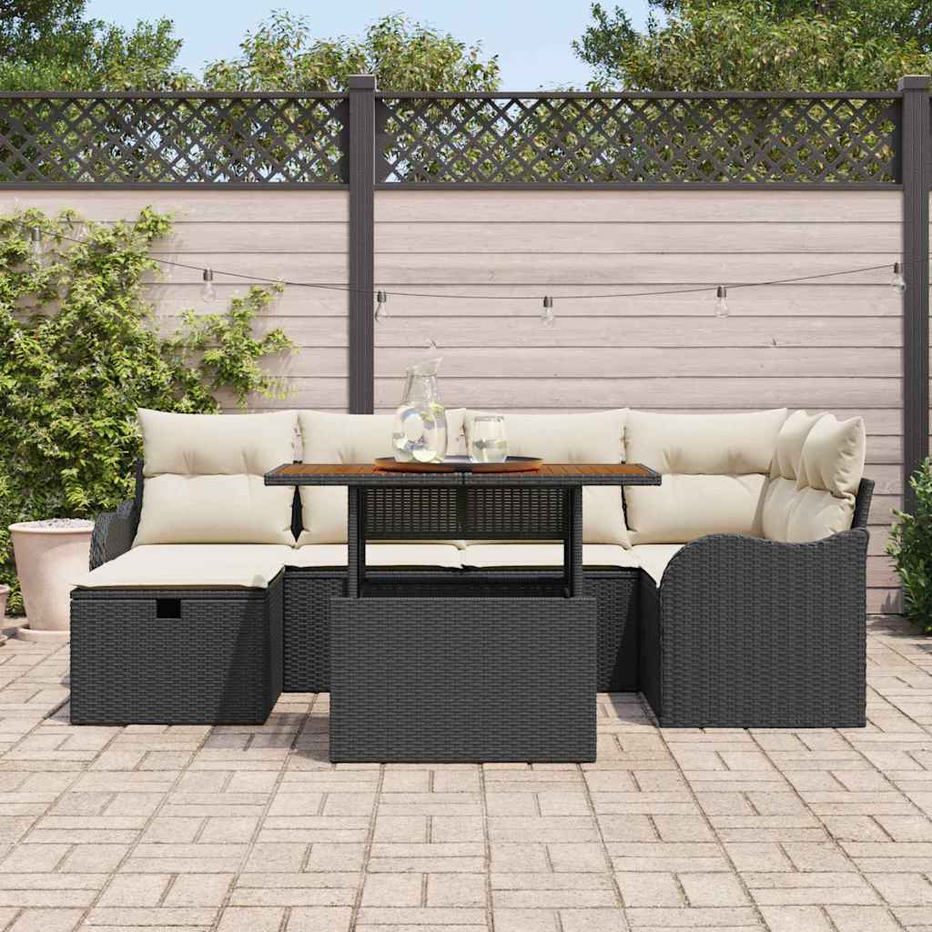 Garten-Sofa-Set mit Kissen 7 pcs Schwarz Poly Rattan