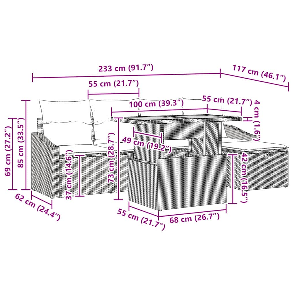 Garten-Sofa-Set mit Kissen 6 pcs Schwarz Poly Rattan