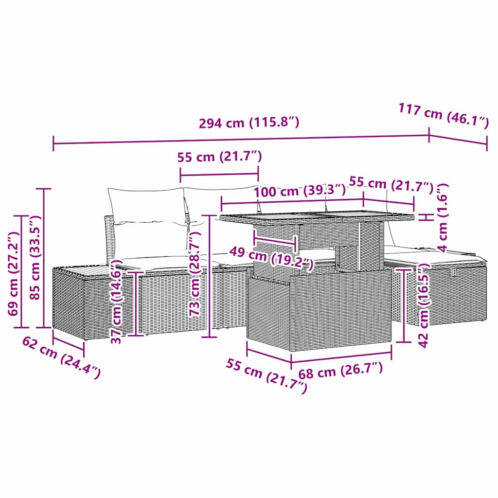 Garten-Sofa-Set mit Kissen 6 pcs Schwarz Poly Rattan