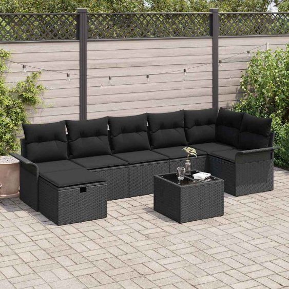 Garten-Sofa-Set mit Kissen 7 pcs Schwarz Poly Rattan