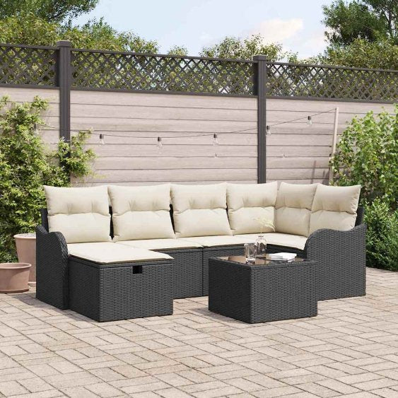 Garten-Sofa-Set mit Kissen 6 pcs Schwarz Poly Rattan