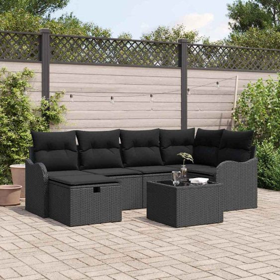 Garten-Sofa-Set mit Kissen 6 pcs Schwarz Poly Rattan