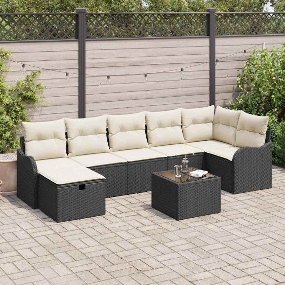 Garten-Sofa-Set mit Kissen 7 pcs Schwarz Poly Rattan
