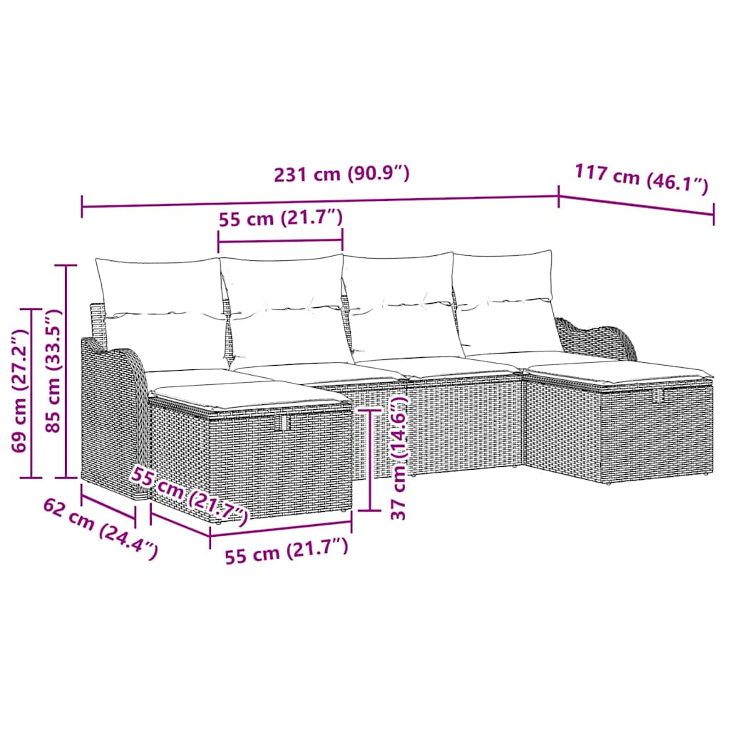 Garten-Sofa-Set mit Kissen 6 pcs Schwarz Poly Rattan