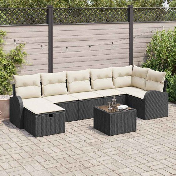 Gartensofa-set mit Kissen 7 pcs Schwarz Poly-Rattan