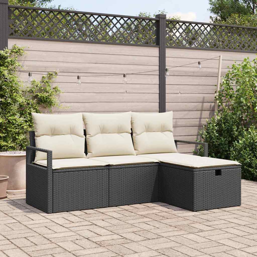Garten-Sofa-Set mit Kissen 4 pcs Schwarz Poly Rattan