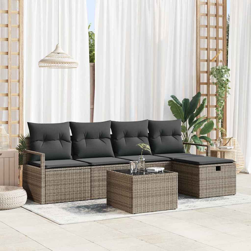 Garten-Sofa-Set mit Kissen 5 pcs Schwarz Poly Rattan