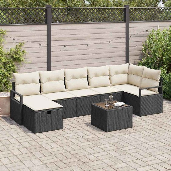 Garten-Sofa-Set mit Kissen 7 pcs Schwarz Poly Rattan