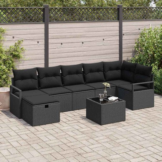 Garten-Sofa-Set mit Kissen 7 pcs Schwarz Poly Rattan