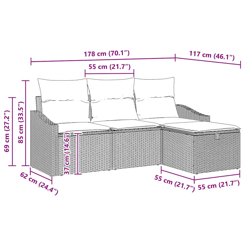 Sofa Set mit Kissen 4 pcs Poly-Rattan