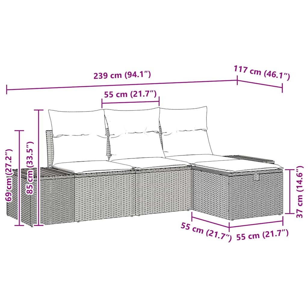 vidaXL Sofa Set mit Kissen 4 pcs Poly-Rattan