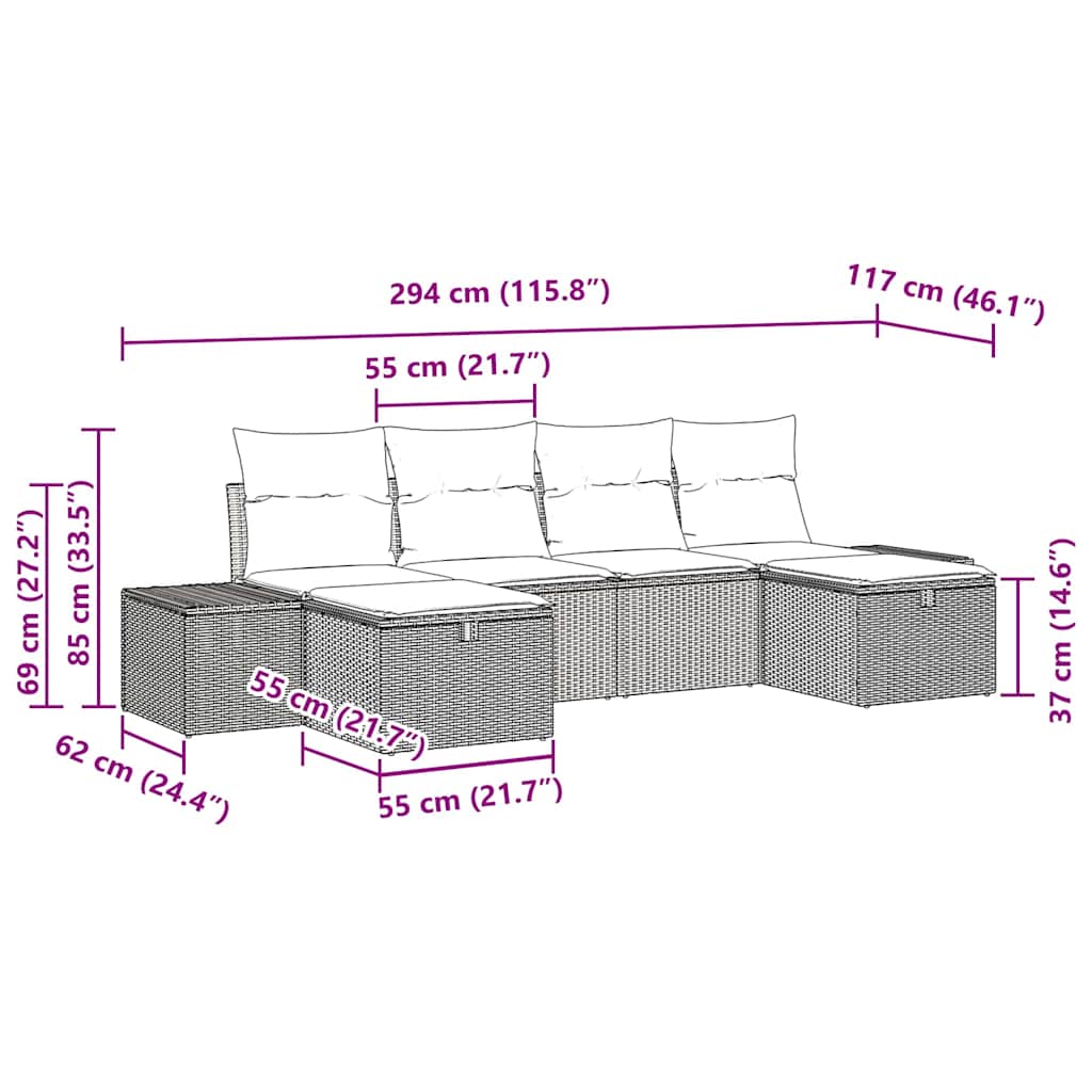 vidaXL Gartensofa-set mit Kissen mit Speicher 6 pcs Poly-Rattan