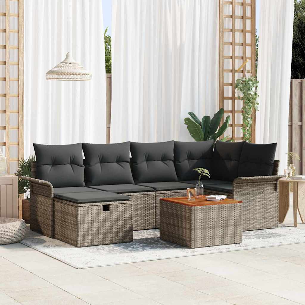 Garten-Sofa-Set mit Kissen 7 pcs Schwarz Poly Rattan
