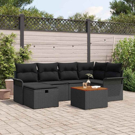 Garten-Sofa-Set mit Kissen 7 pcs Schwarz Poly Rattan