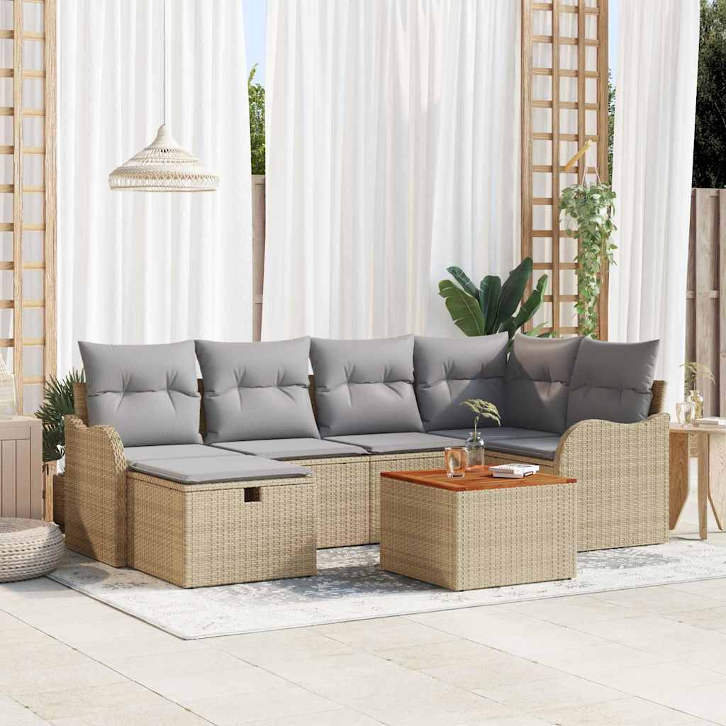 Garten-Sofa-Set mit Kissen 7 pcs Schwarz Poly Rattan