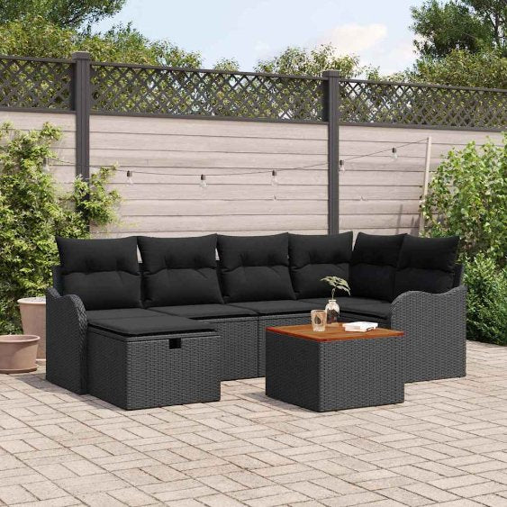 Garten-Sofa-Set mit Kissen 7 pcs Schwarz Poly Rattan