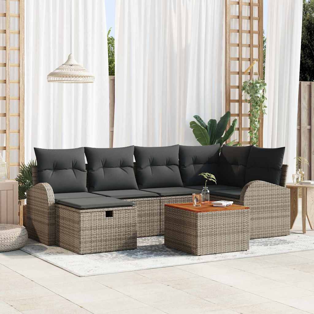 Garten-Sofa-Set mit Kissen 7 pcs Schwarz Poly Rattan