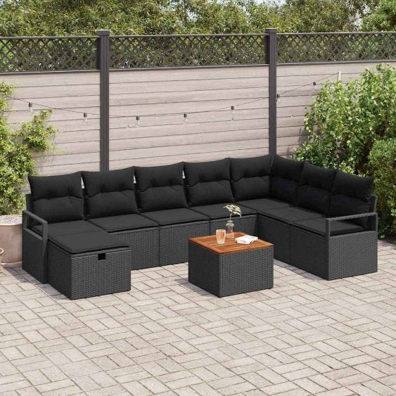 Garten-Sofa-Set mit Kissen 9 pcs Schwarz Poly Rattan
