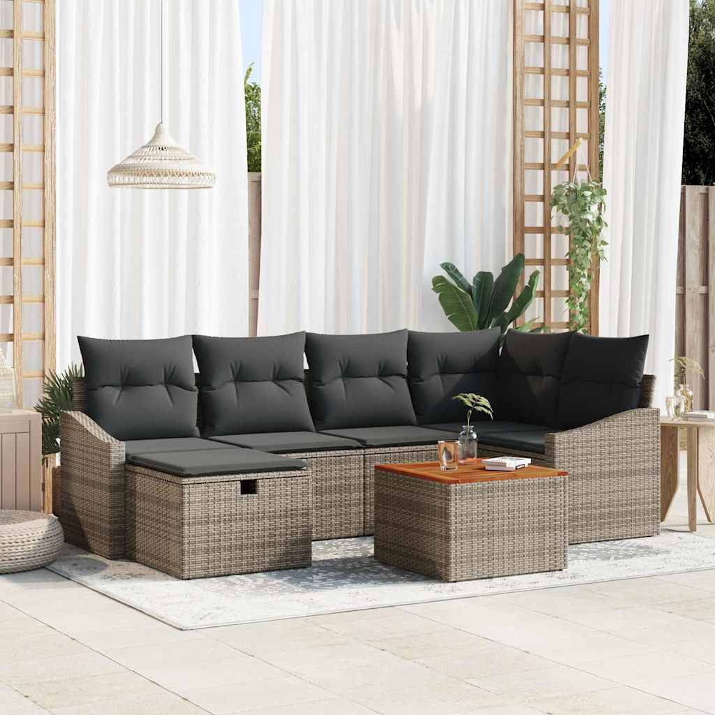 Garten-Sofa-Set mit Kissen 7 pcs Schwarz Poly Rattan