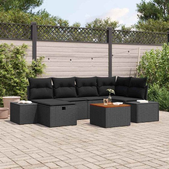 Garten-Sofa-Set mit Kissen 7 pcs Schwarz Poly Rattan