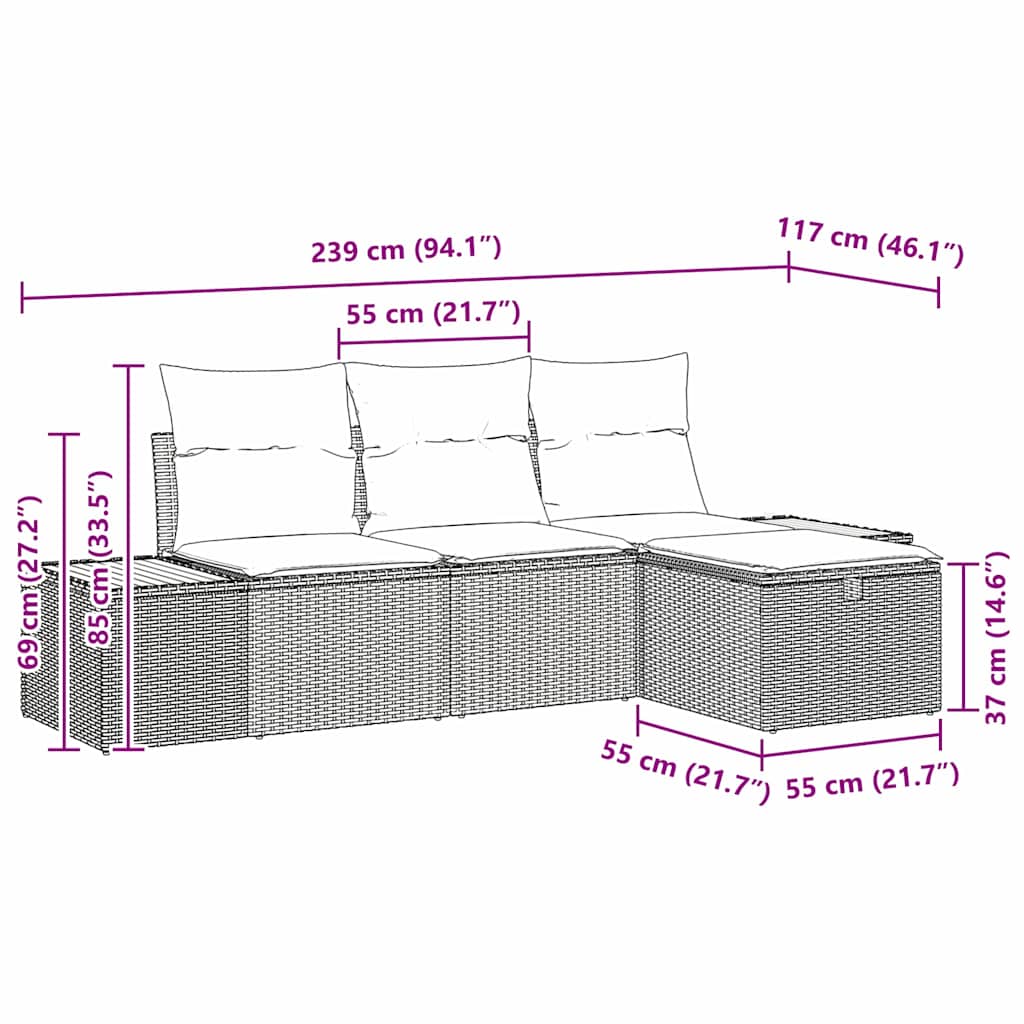 vidaXL Gartensofa-set mit Kissen 4 pcs Schwarz Poly-Rattan