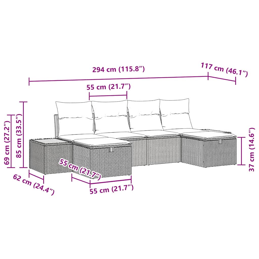 vidaXL Garten-Sofa-Set 6 pcs Schwarz 55 x 62 x 69 cm Poly Rattan