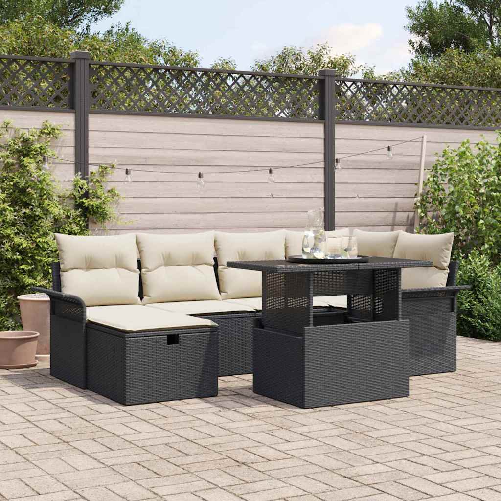vidaXL Garten-Sofa-Set mit Kissen 7 pcs Schwarz Poly Rattan