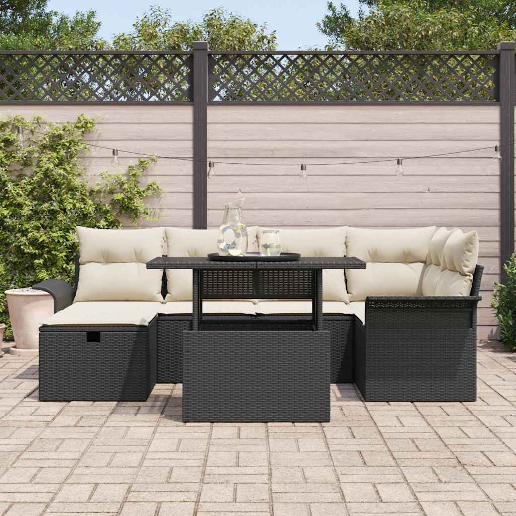 vidaXL Garten-Sofa-Set mit Kissen 7 pcs Schwarz Poly Rattan