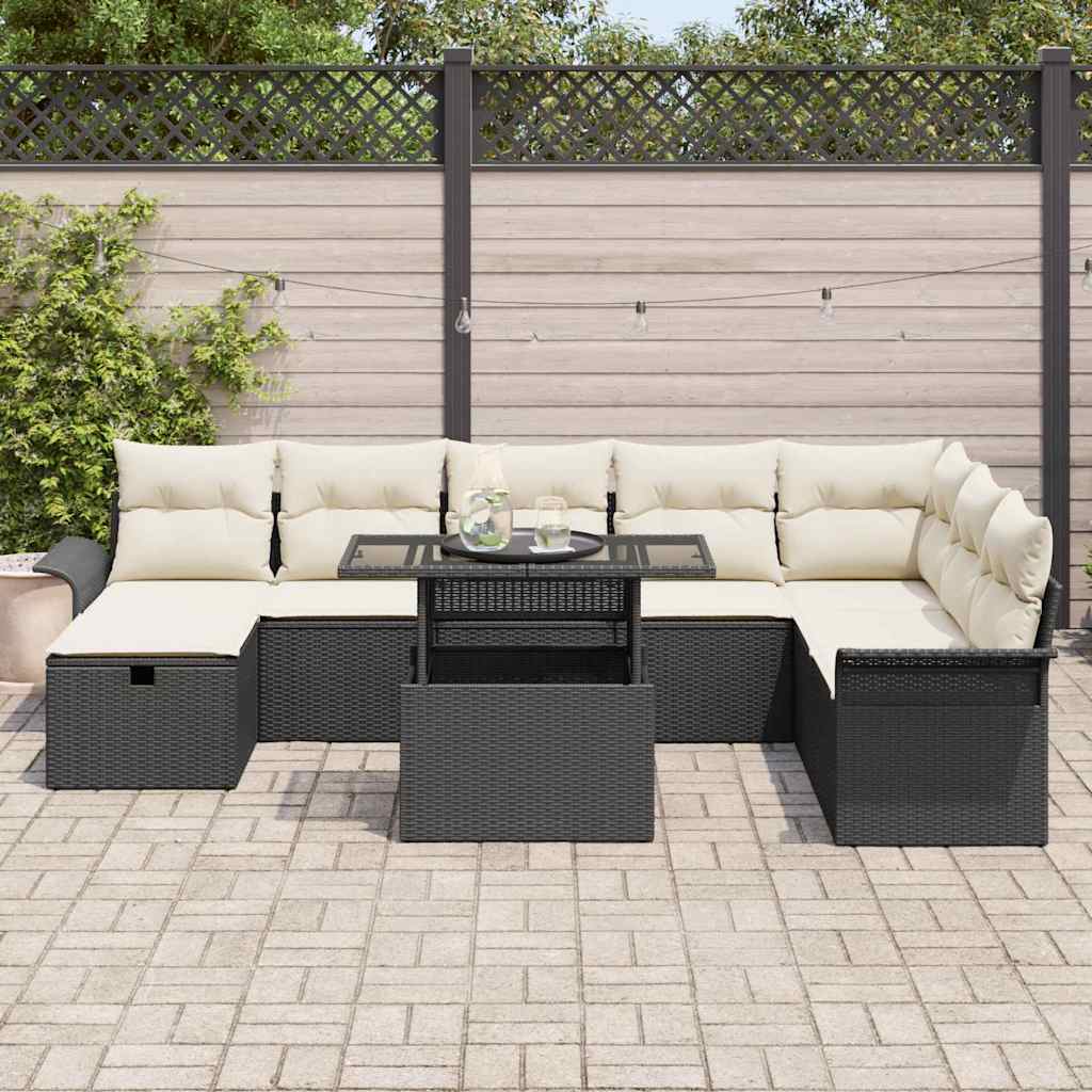 vidaXL Garten-Sofa-Set mit Kissen 9 pcs Schwarz Poly Rattan